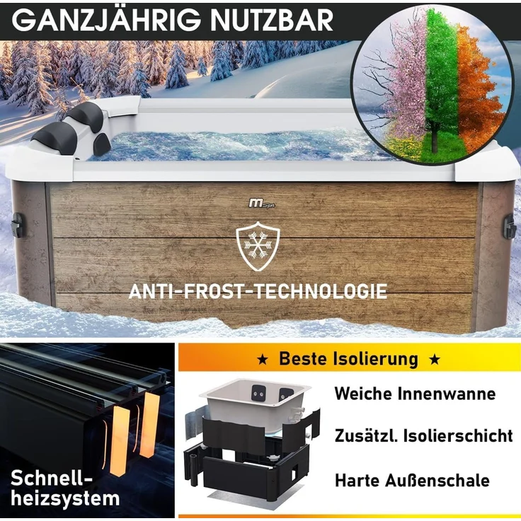 BRAST Whirlpool MSpa Oslo & Amber Aero Plus mit Fester Außenwand inkl. LED-Beleuchtung, (für 6 Personen, 180 x 180 x 65 cm, 140 Massagedüsen), Ganzjähriger Einsatz Winterfest, In & Outdoor Pool – Bild 9