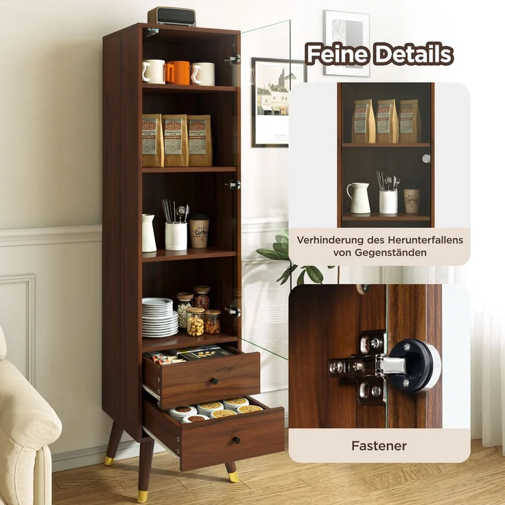 Moderner Hochschrank mit Glastür, Vitrinenschrank mit verstellbaren Regalen und 2 Schubladen, Standschrank für Wohnzimmer, Bad & Büro in Nussbaumholz-Optik--Nussbaum--39.8x35x160cm--YOUDENOVA – Bild 10