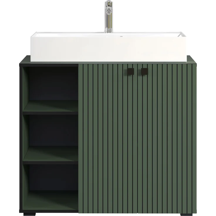 trendteam smart living - PureBliss - Waschbeckenunterschrank - Grün - Rillenoptik - 3 offene Fächer + 1 Einlegeboden + 80cm Aufsatzwaschbecken - (BxHxT) 90 x 91 x 53 cm - edle Metallgriffe – Bild 2