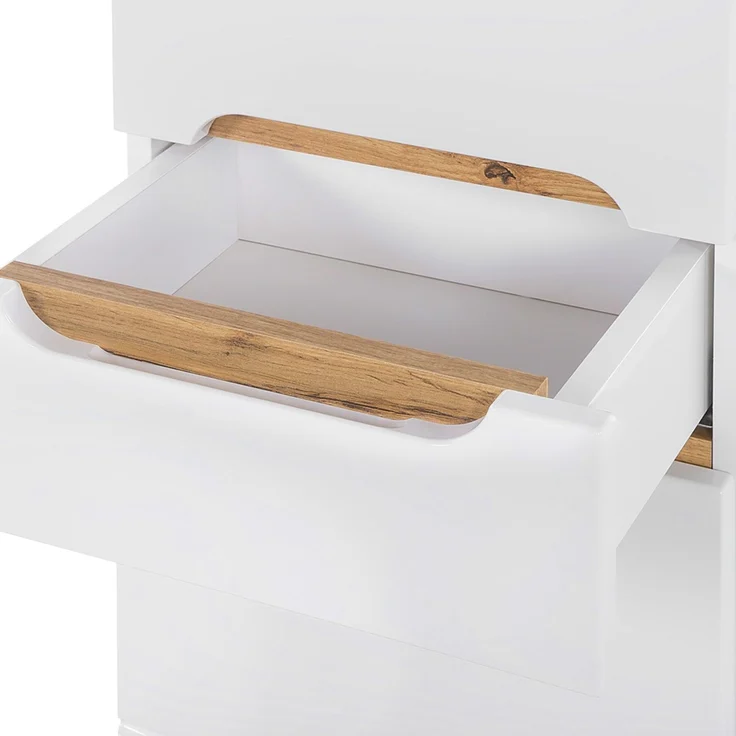 Badezimmer Hochschrank SOLNA-56 Hochglanz weiß mit Wotaneiche, B x H x T ca. 35 x 187 x 33cm – Bild 2