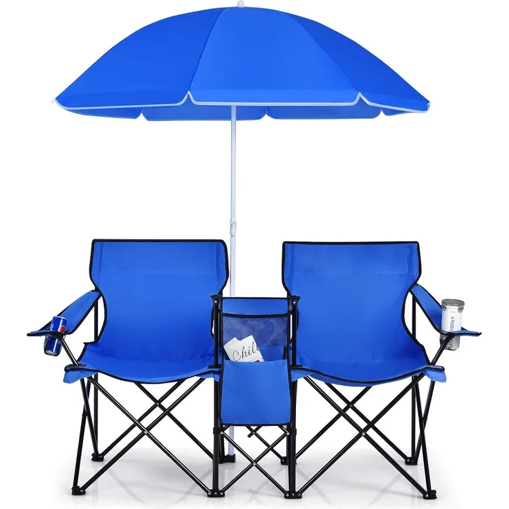 COSTWAY Campingstuhl mit Sonnenschirm, Klappstuhl für Paare, Doppel Angelstuhl faltbar mit Getränkehalter Kühltasche