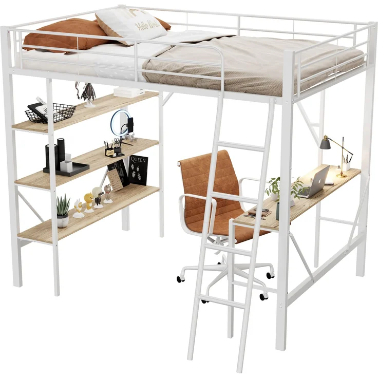 Weißes Metall-Hochbett 90x200cm mit Schreibtisch & 3 Ablagefächern, stabiler Stahlrahmen inkl. Lattenrost ohne Matratze – Bild 4