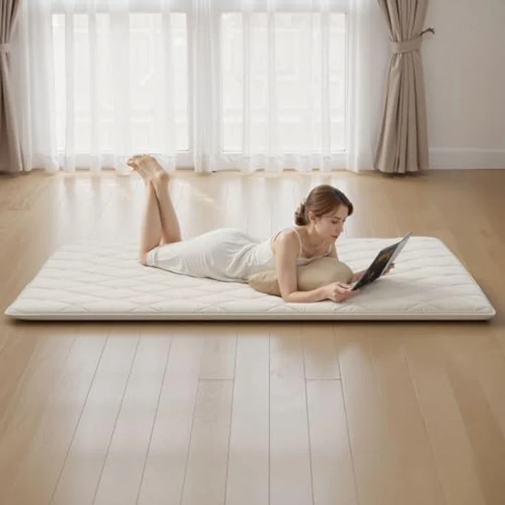 VEVOR japanische Futon-Matratze (2032 x 1524 x 63,5 mm), Faltbare Tatami (Queen Size), Bodenmatratze mit Aufbewahrungstasche & Befestigungsmaterial, 9-lagige Schlafmatte für Meditation Yoga, Weiß – Bild 8