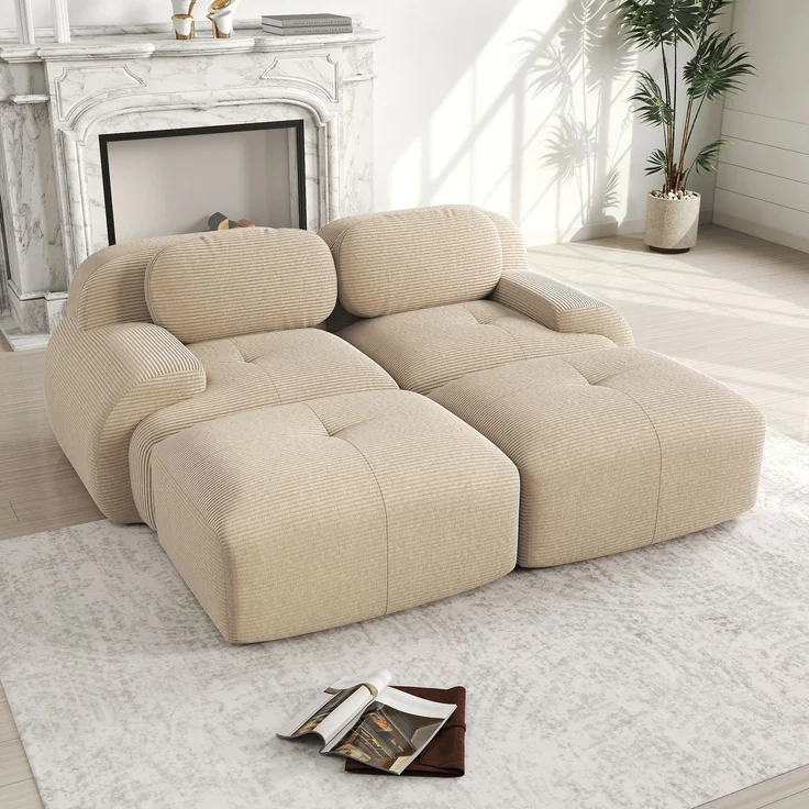 Rayofly-2-Sitzer Cordsofa, rahmenlos, modular mit Chaiselongue kombinierbar, rutschfest, ergonomische Armlehnen, hochelastische Polsterung, Beige, H 70cm x T 208cm x B 178cm – Bild 2
