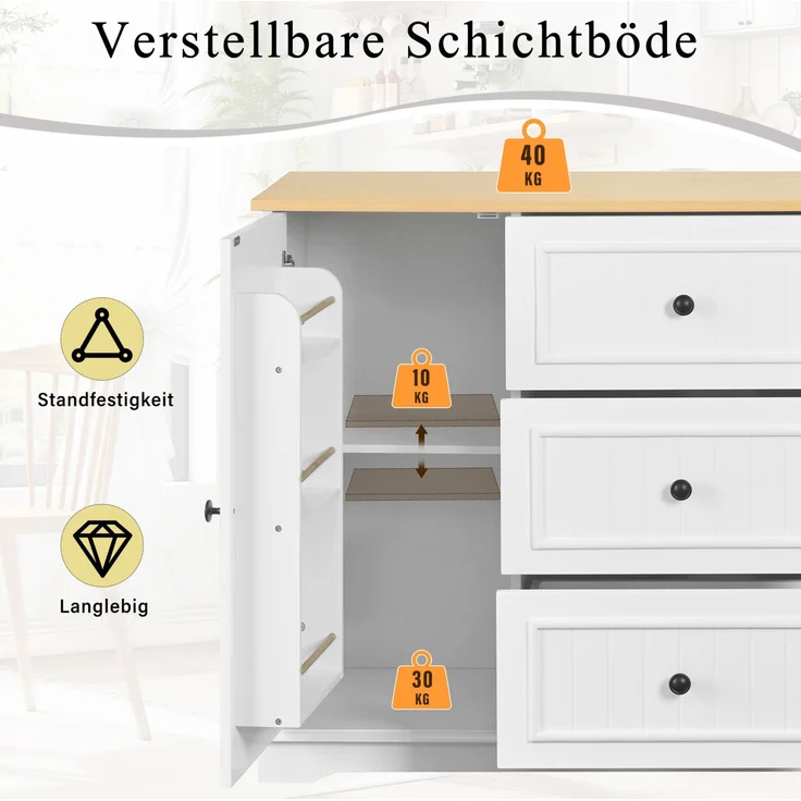 Sideboard 126 x 40 x 86 cm in Weiß mit 3 Schubladen und verstellbaren Einlegeböden – Bild 7
