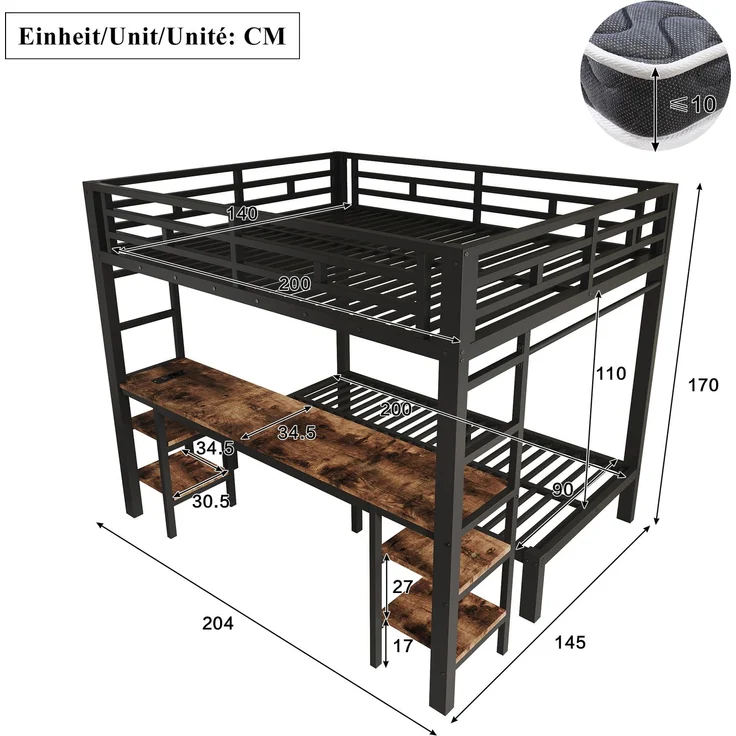 EINHOM Metallbett 140 x 200 / 90 x 200 cm in Schwarz, Etagenbett mit Schreibtisch, Kleiderstange, Beidseitiger Leiter und Integrierter Ladestation (Ohne Matratze) – Bild 4