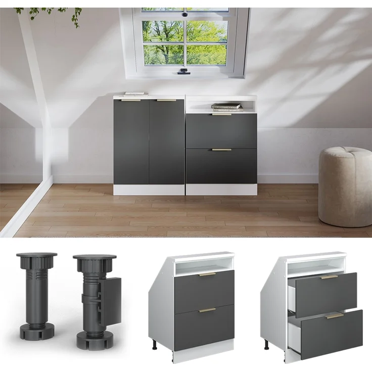 Küchenschrank für Dachschrägen R-Line Anthrazit-Gold/Weiß 60 cm mit 2 Schubladen Vicco – Bild 4