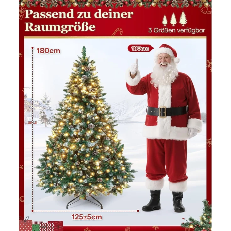 Yorbay Künstlicher Weihnachtsbaum Künstlicher Tannenbaum mit LED Beleuchtung, Schnee, Kiefernzapfen, 150 / 180 / 210 cm auswählbar, mit Ständer, Weihnachtsbaum Christbaum für Weihnachten-Dekoration – Bild 2