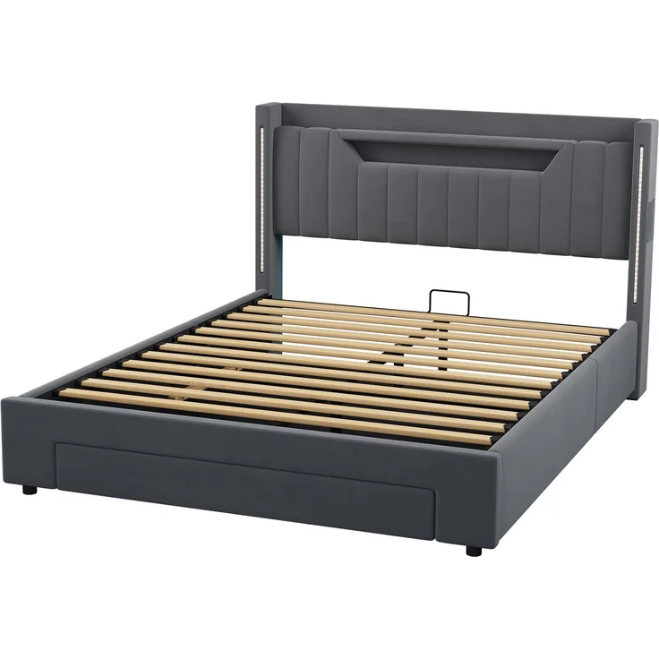 Polsterbett 140x200 cm mit LED-Beleuchtung, Ladestation und Stauraum – Ohne Matratze – Bild 6
