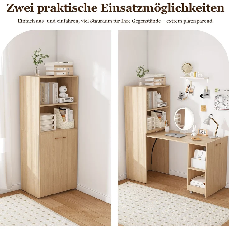 Ausziehbarer Schreibtisch mit Stauraumschrank & Kippsicherung, platzsparender Klappschreibtisch mit verstellbaren Ablagen & ausziehbarer Tischplatte für Schlafzimmer & Arbeitszimmer, Helle Eiche natur--Naturholz--76x55x136cm--YOUDENOVA – Bild 3