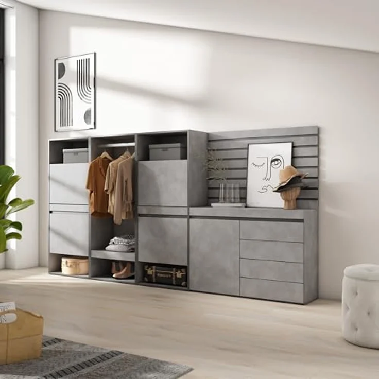 Skraut Home | Schuhregal, Schuhschrank | Schuhaufbewahrung | 287x145x35 cm | Für Schlafzimmer, Zimmer | Offener Kleiderschrank | Kommode mit Schubladen | Lamellenwand Holz | Moderner Stil | Zement – Bild 2