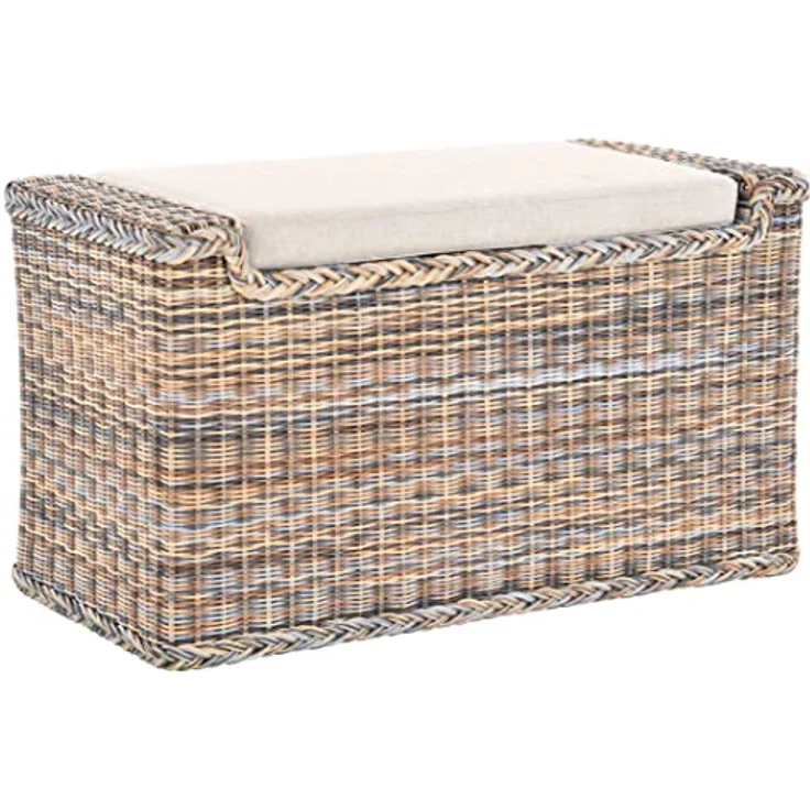 Krines Home Sitztruhe Rattan Wäschetruhe Sitzbank mit Stauraum Wäschesortierer 3 Fächer, mit Deckel – Bild 2