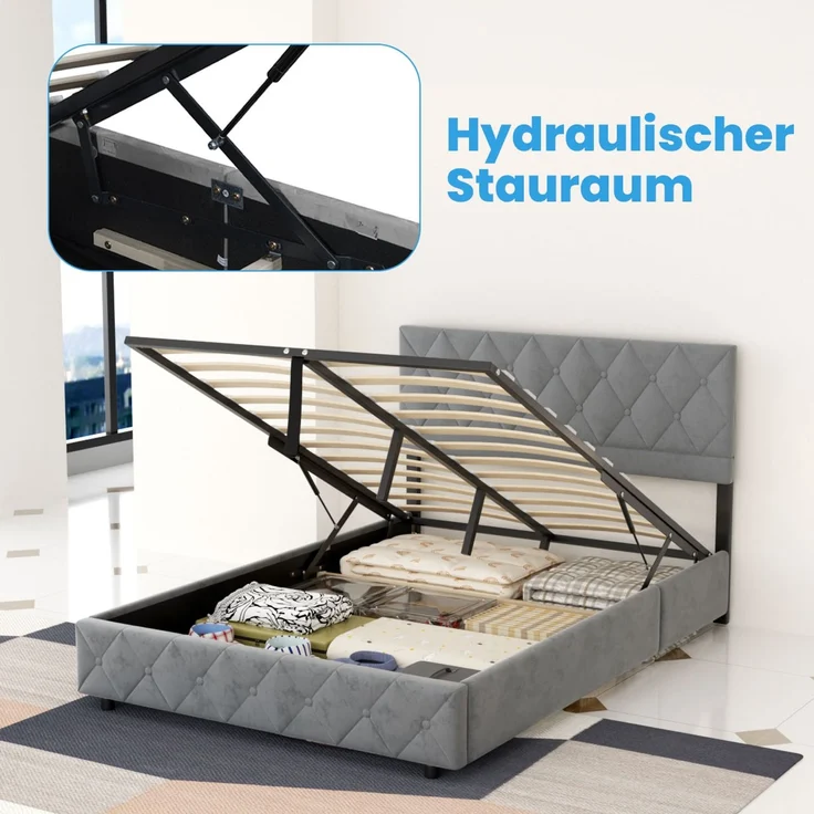 Polsterbett 140x200 cm mit Aufbewahrungsbox, Grau, Kunstleder, Lattenrost (ohne Matratze) – Bild 6