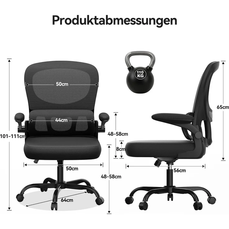 Botifly Ergonomischer Bürostuhl Bürostuhl Mesh Schwarz 50x56x101-111cm – Bild 2