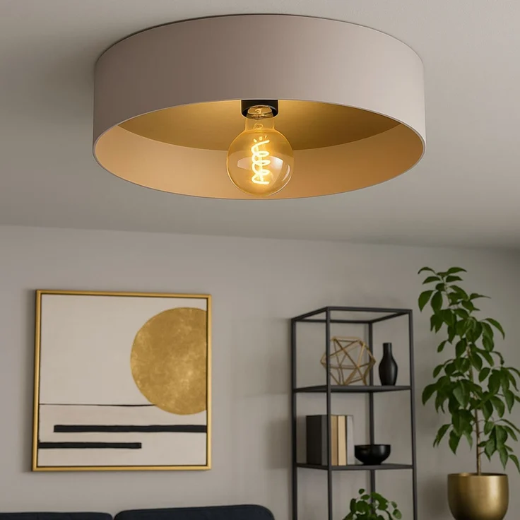 LED Deckenleuchte, Stahl, Holz, Taupe, Messing, D 42 cm – Bild 4