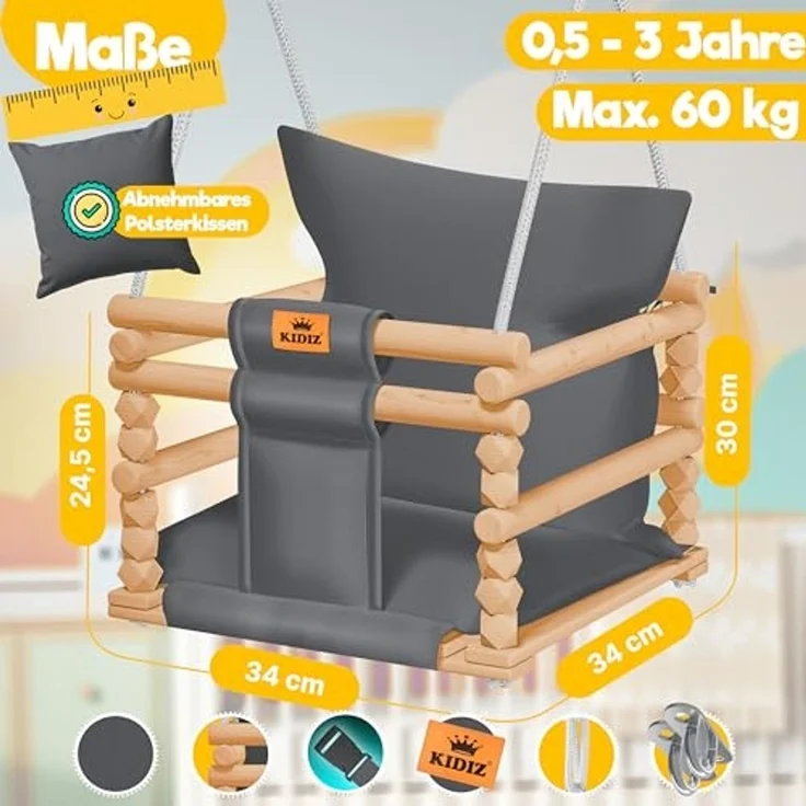 KIDIZ® Babyschaukel Kinderschaukel Schaukelsitz mit Polsterung | Holz-Schaukel mit Anti-Kipp bis 60KG | Höhenverstellbar Indoor & Outdoor | 0,5 - 3 Jahre | Montagezubehör & Sicherheitsgurt Anthrazit – Bild 3