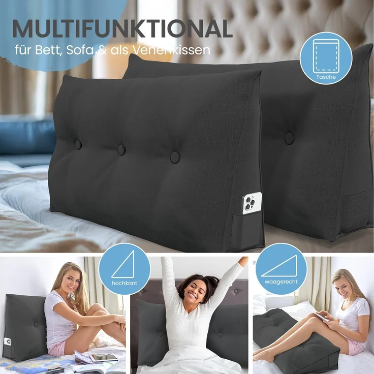 ELONEO Rückenkissen Bett- und Rückenstützkissen >Anthrazit< 120cm – Bild 5