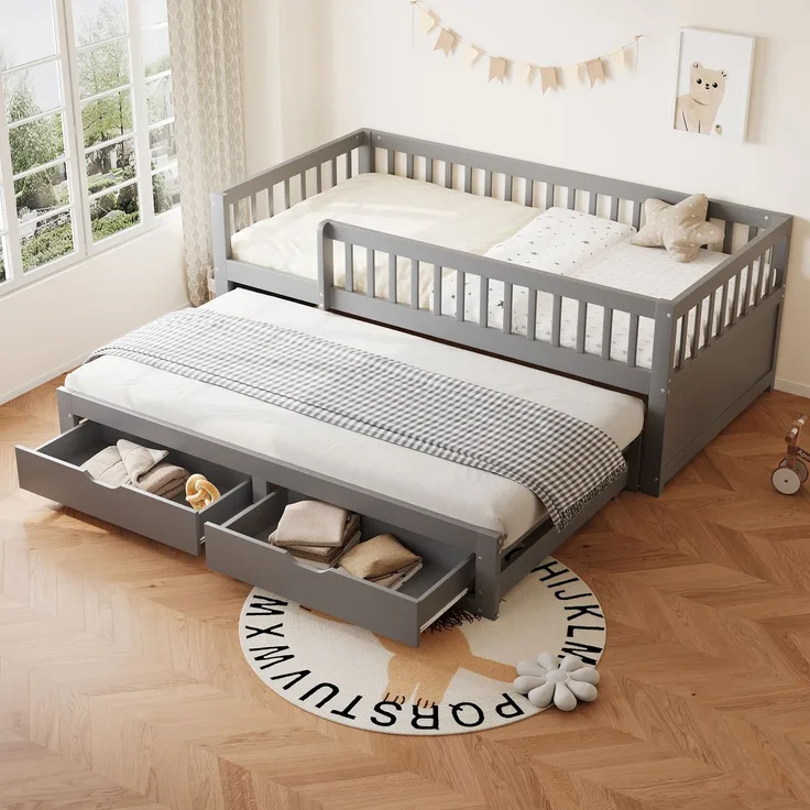 EINHOM Massivholz-Schlafsofa 90 x 200 cm, Vollverkleidetes Sicherheitsgitter, Ausziehbares Bett mit 2 Schubladen Darunter, mit Lattenrost, Kinderbett Jugendbett Gästebett Erwachsene, Grau (Ohne Matratze)