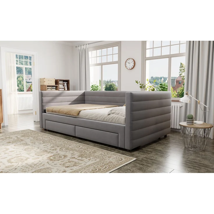 Merax Einzelbett Polsterbett 90 x 190cm/180 x 190cm Schlafsofa mit Ausziehbett, Tagesbett Daybett mit 2 Schubladen, Sofabett mit Lattenrost, Veloursstoff, grau – Bild 6