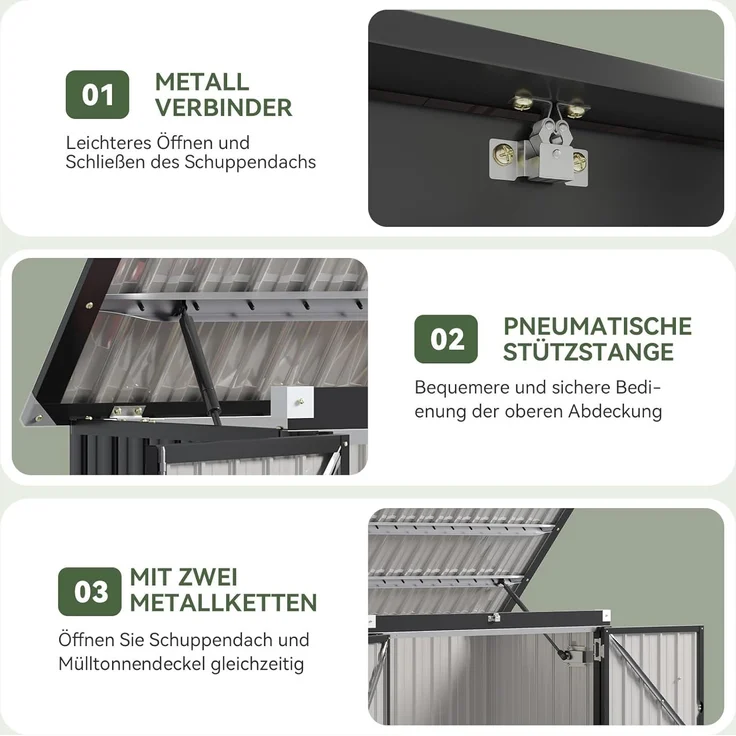Aoxun 150x117x80cm Metall Gerätehaus, Mülltonnenbox für 2 Tonnen, Wetterfester Gartenschrank mit Kettenzug-Deckel & Gasdruckfeder, zu öffnende Front- & Top-Türen, Schwarz – Bild 5