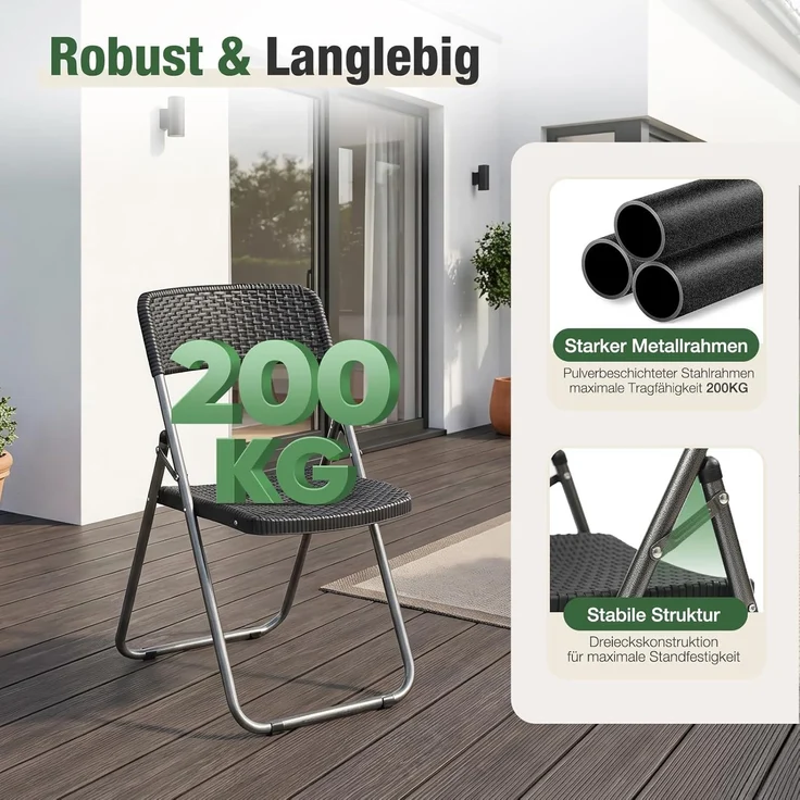Sekey Rattan Gartenstuhl Klappbar, Campingstuhl Faltbar 200KG, 46 x 53 x 84 cm, Klappstuhl Camping Balkon Garten, 2er Gartenstühle Set Wasserdicht, Schwarz – Bild 5