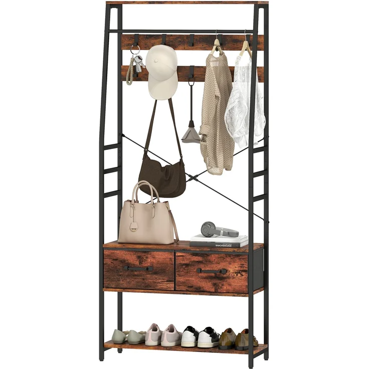 MELAYR, Garderobe mit Schuhregal, Mantelständer mit Sitzbank, 10 Haken, 80 x 30 x 180 cm, Rustikal-Braun – Bild 2