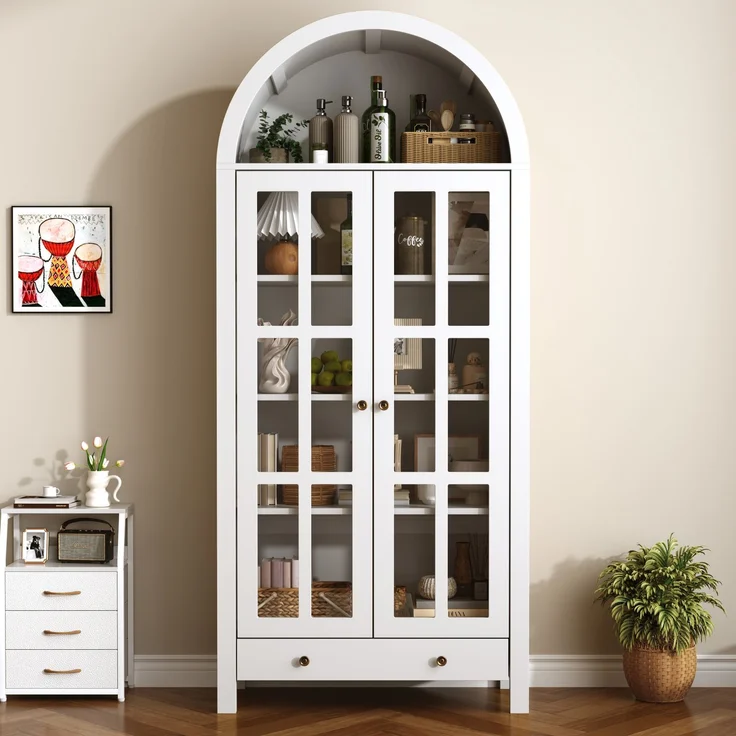 Moderner bogenförmiger Standhochschrank mit mehreren Regalebenen & Schublade – Multifunktionale Vitrine & Regalschrank mit höhenverstellbaren Einlegeböden für Wohnzimmer, Arbeitszimmer und Esszimmer--Weiß--75x35x170.5cm--YOUDENOVA – Bild 2