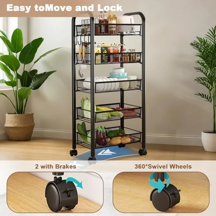 GarveeLife Rollwagen 5 Ebenen, Küchenwagen Schmal, Nischenregal auf Rollen für Kleine Räume, 44 x 26 x 102cm, Küche, Bad, Wohnzimmer, Arbeitszimmer, Schwarz – Bild 3