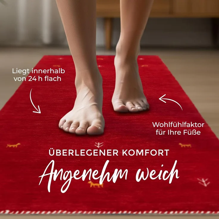carpetfine 'Gabbeh Uni' Wollteppich, reine Wolle, Rot, 80 x 300 cm – Bild 4