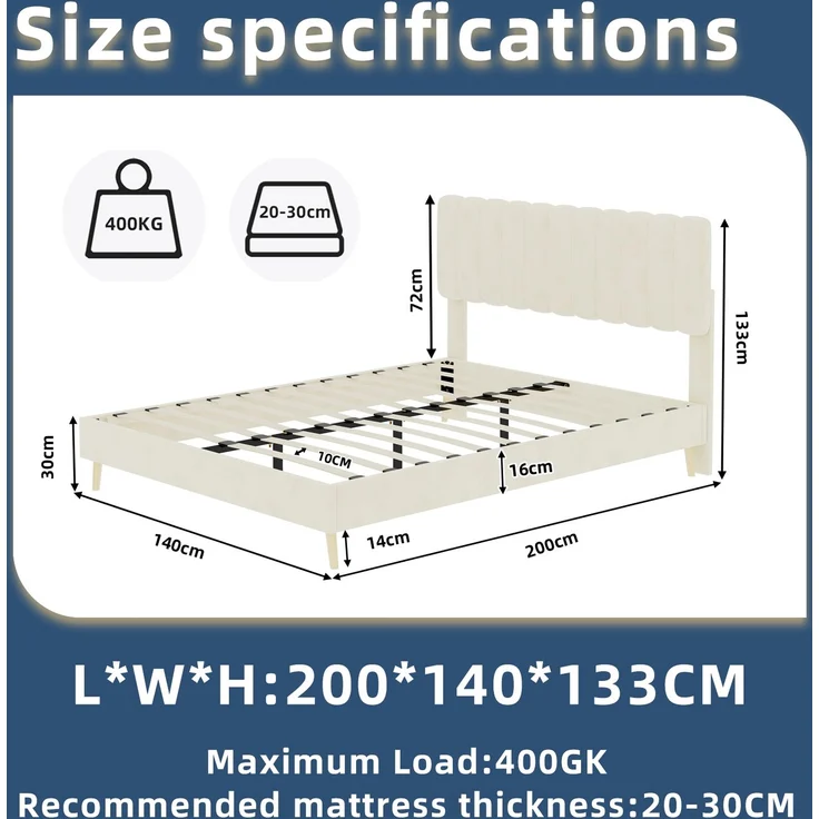 Novelux Modernes Polsterbett 140x200 cm mit weichem Kopfteil – Stabiler Holzbettrahmen aus holländischem Samt Beige, Plattformbett ohne Matratze – Bild 2
