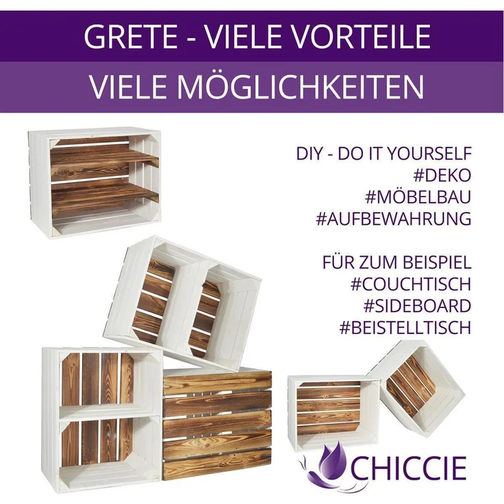 CHICCIE 4 Set Holzkiste Grete Weiß Geflammt - Obstkiste Dekokiste Weinkiste – Bild 8