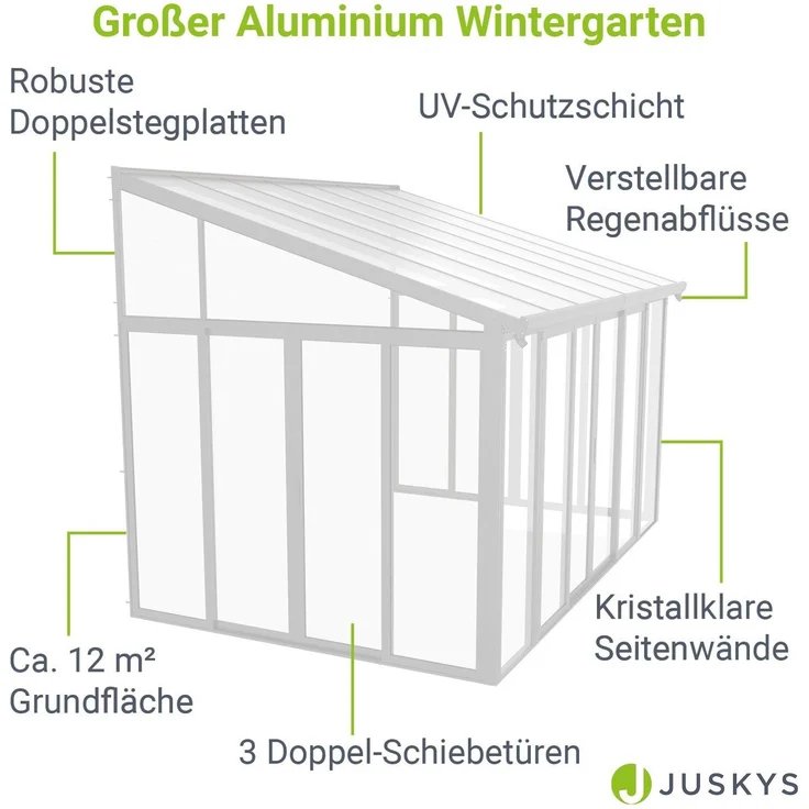 Juskys Wintergarten 12 m² - mit kristallklaren Wänden, Doppel-Schiebetüren & UV-Schutz - wasserdicht & winterfeste Überdachung aus Aluminium - Weiß – Bild 3