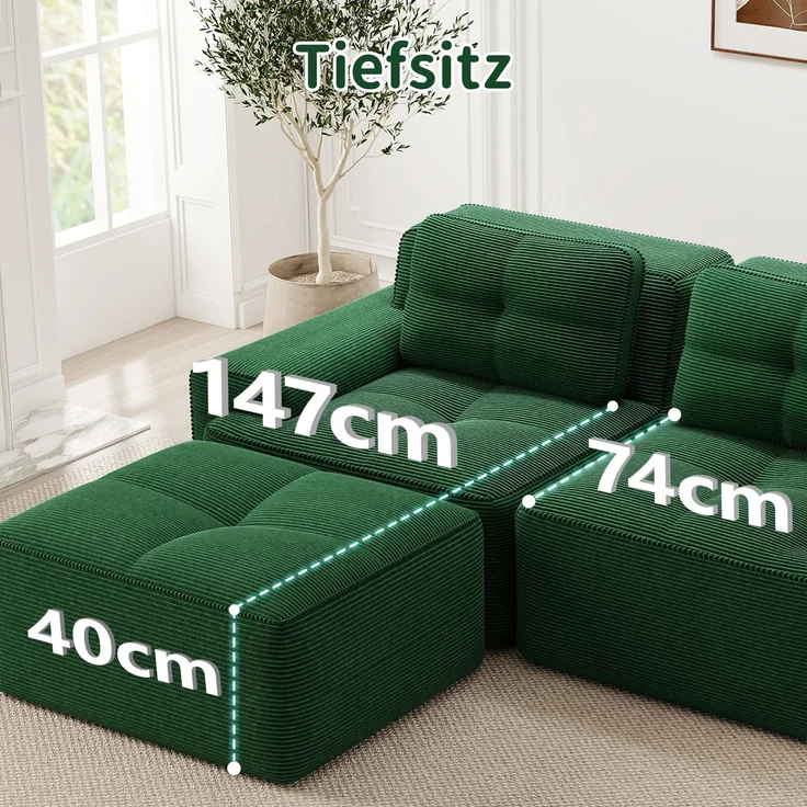 EINHOM Rahmenlose Sofas, weicher Cordstoff, modulares Ecksofa mit Schlaffunktion und 3 Hockern, 3-Sitzer-Sofas, bequemes Sofa für das Wohnzimmer, Grün – Bild 5