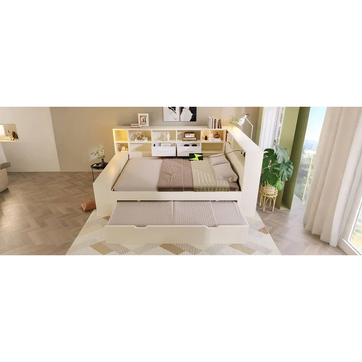TavilaEcon Stauraumbett Holzbett mit Ausziehbett, 8 Staufächern & USB-/Type-C-Ladeanschlüssen weiß Liegefläche 140 × 200 cm – Bild 4