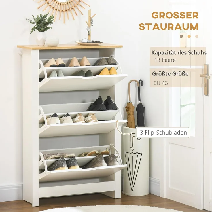 HOMCOM Schuhschrank Schuhregal mit 3 Klappen für 18 Paar Schuhe (Schuhständer, 1-St, Schuhkipper) für Flur, Eingangsbereich Weiß+Natur 72 x 26 x 112 cm – Bild 4