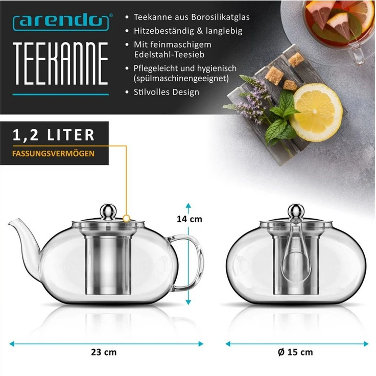 Arendo Teekanne mit Teesieb für losen Tee, Kräuter- & Früchtetee, Glas Teebereiter, 1,2 l, (Set, 1-St, Teefilter, Glaskanne), Hitzebeständig, feinmaschiges Edelstahlsieb, spülmaschinengeeignet
