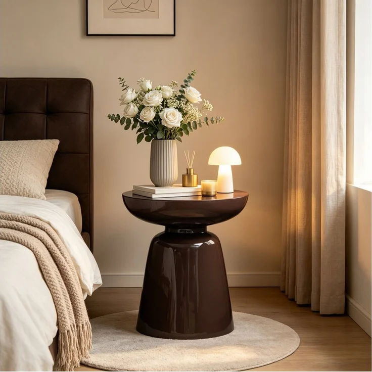Round Accent Side Table with Bowl Top, Fiberglass with Sticker Finish, Modern Pedestal End Table for Living Room (Reddish Brown) – Bild 2