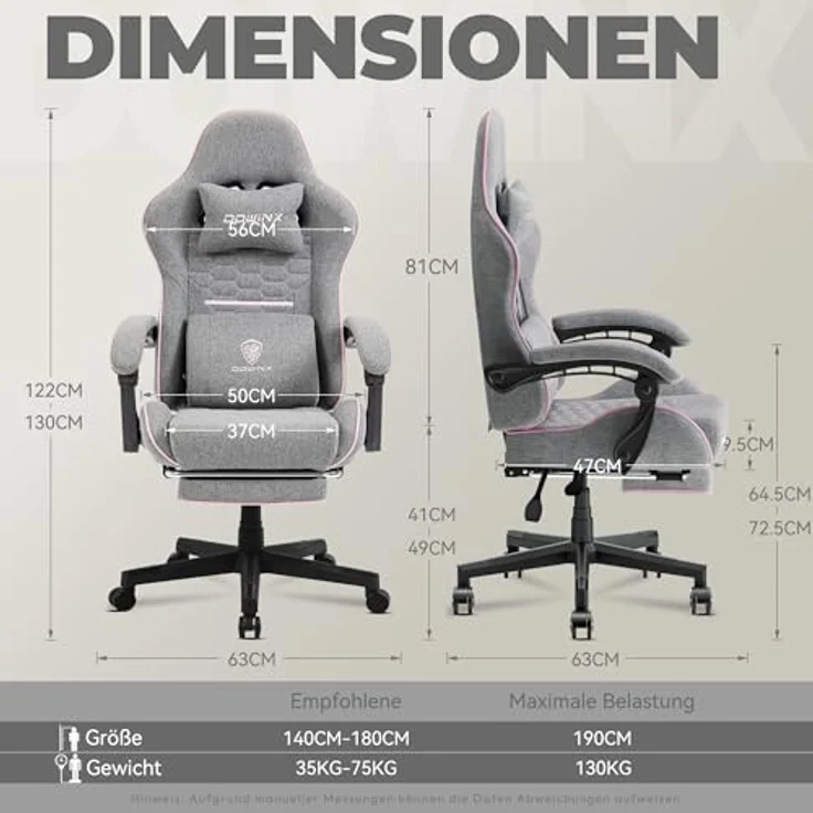 Dowinx Gaming Stuhl Bürostuhl Stoff Tasche Frühling Kissen, Massage Gamer Stuhl Stoff mit Kopfstütze, Ergonomische Bürostuhl mit Fußstütze (Grau und Pink) – Bild 4