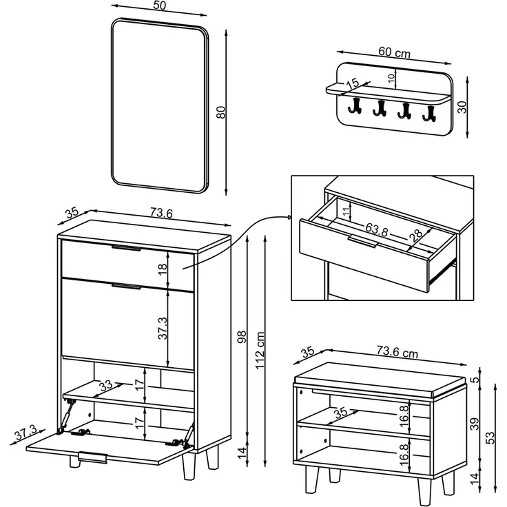 Roomart NORD Garderobenset 4-teilig – Schuhschrank, Sitzbank, Wandgarderobe & Spiegel – Flurgarderobe – H 112 x B 73.6 x T 35 cm (Schuhschrank) • Weiß – Bild 7