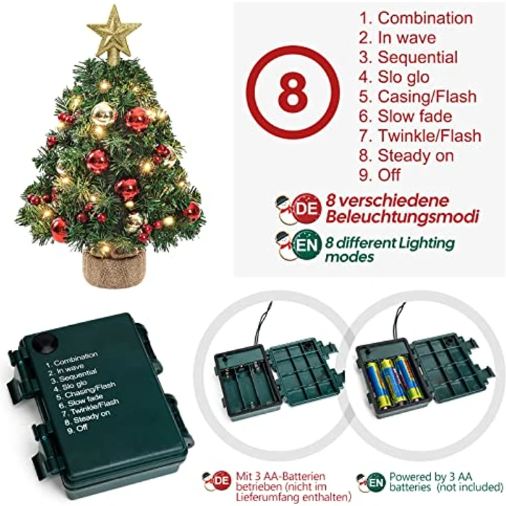 Yorbay Künstlicher Weihnachtsbaum Mini Weihnachtsbaum mit warmweiß LEDs, 8 Licht Modi, 40cm Tisch-Tannenbaum mit Stern-Baumspitze und Deko, Batterie betrieben, für Weihnachten, Advent, künstlich, Geschmückt – Bild 4