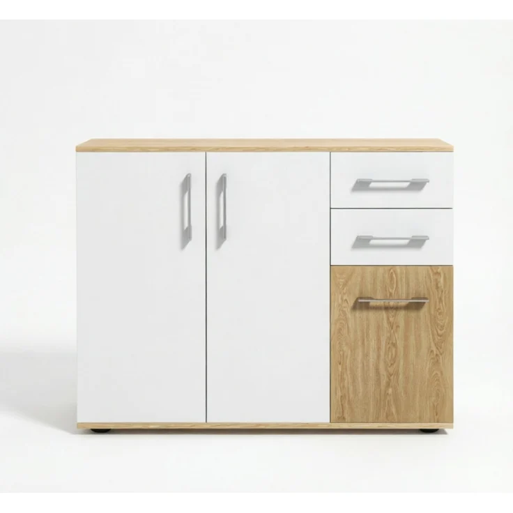 DESVIAE Sideboard Weiß/Natur aus Spanplatte – 90x75,5x30 cm – 2 Schubladen, verstellbarer Einlegeboden – Bild 7