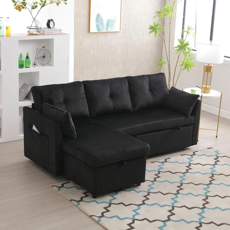 Ball & Cast L-förmiges Eckcouch mit Schlaffunktion, Schlafsofa mit austauschbarer Chaiselongue und Stauraum, 206 x 66 x 108 (BxHxT), Schwarz