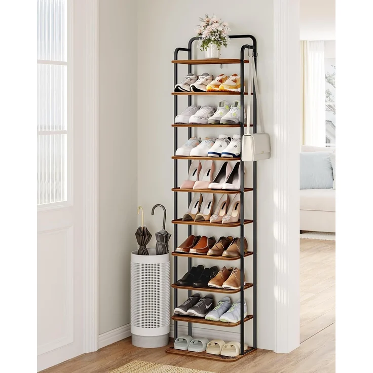 Vertikales Schuhregal, 10-Stöckige Schuhregale, Schuhturm für kleine Räume, Freistehend, Verstellbar, Platzsparend, Braun und Schwarz – Bild 8