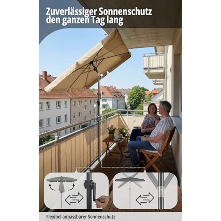 4smile SunnyShade Sonnenschirm Balkon Roma mit Schutzhülle, Taupe, Sonnenschirm rechteckig 210x140 cm, Sonnenschutz Balkon mit UV 50+, Balkonschirm mit Kurbel, knickbar und höhenverstellbar – Bild 3