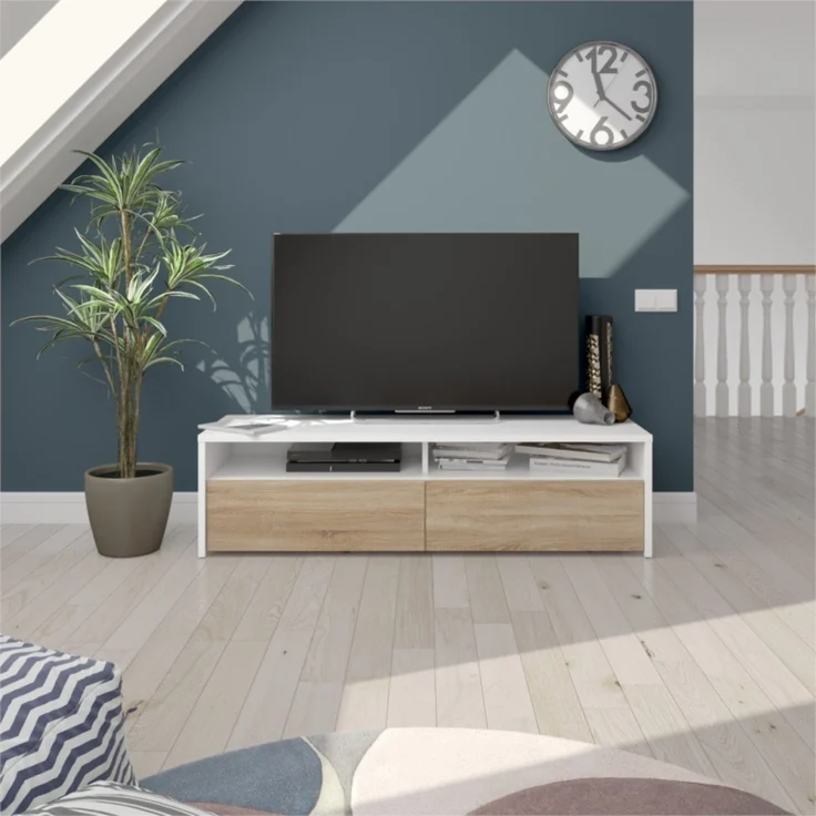 Wohnzimmer-TV-Ständer mit zwei Türen mit Vasistas-Öffnung und zwei kleinen Fächern, weiße Farbe mit eichenfarbenen Türen, Maße 130 x 36 x 40 cm – Bild 2