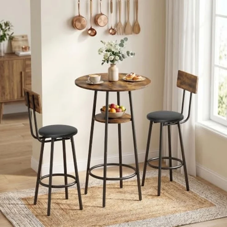 HOMCOM Bargruppe Bartisch mit Barhocker-Set Esstisch mit 2 Gepolsterten Stühlen, (Set, 3-tlg, 1 Tisch, 2 Hocker), Gepolsterte Barhocker, offene Ablage, platzsparend – Bild 7