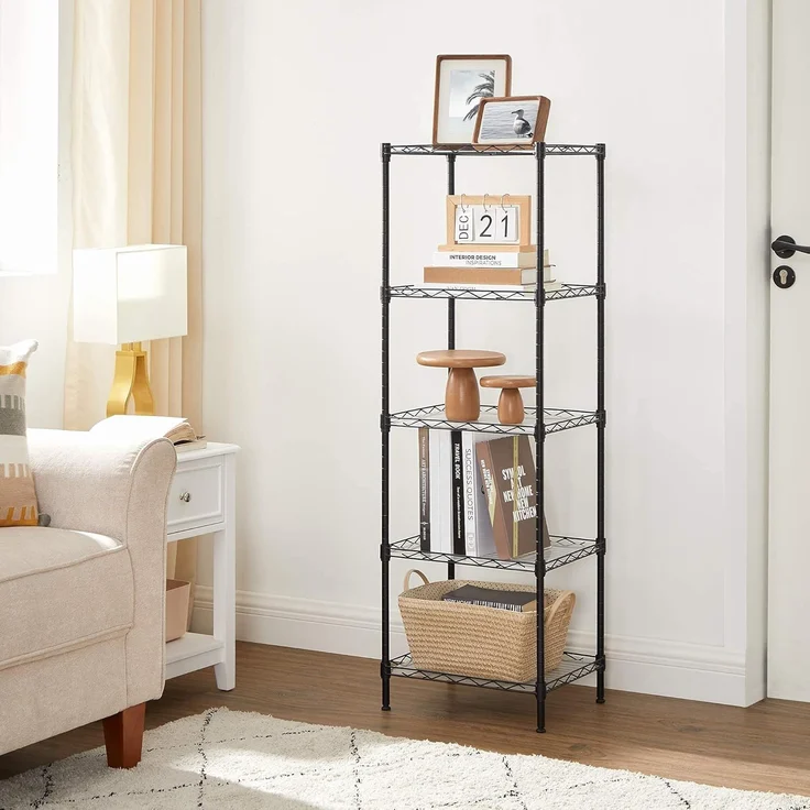 Songmics Küchenregal mit 5 Ebenen, Metallregal, Standregal, höhenverstellbare Gitterablage, mit PP-Kunststoffplatten, 8 S-Haken, für Küche, Wohnzimmer, bis zu 100 kg belastbar, schwarz LGR115B01 – Bild 8