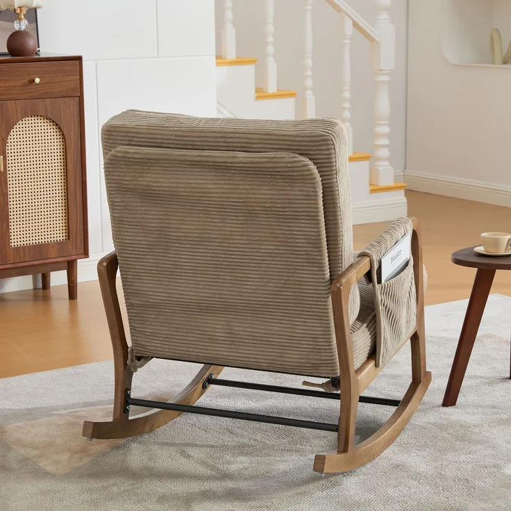 LVHOM Schaukelstuhl mit ausziehbarer Fußstütze, Relaxsessel mit verstellbare Rückenlehne, Loungesessel mit Seitentasche, bis 150 kg belastbar, Khaki – Bild 10