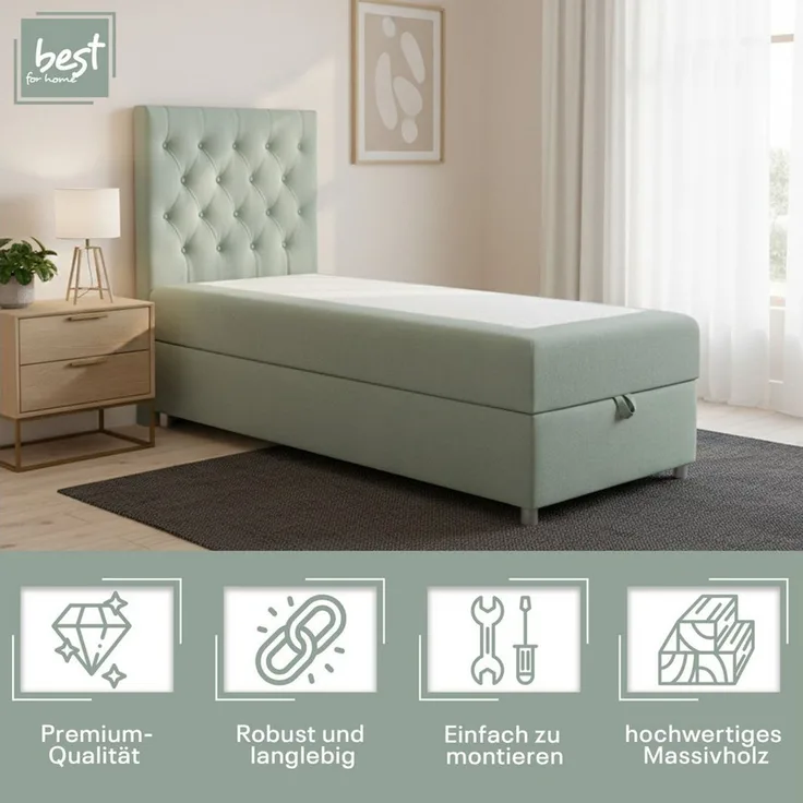 Best for Home Boxspringbett mit Bettkasten K-14 SINGLE Bonell-Matratze inkl. Komfort Topper (Einzelbett, Polsterbett gepolstertes Kopfteil, Jugendbett, Kinderbett, 70x200 80x200 90x200 100x200 cm), Handwerksqualität, TOP Preis-Leistungs-Verhältnis
