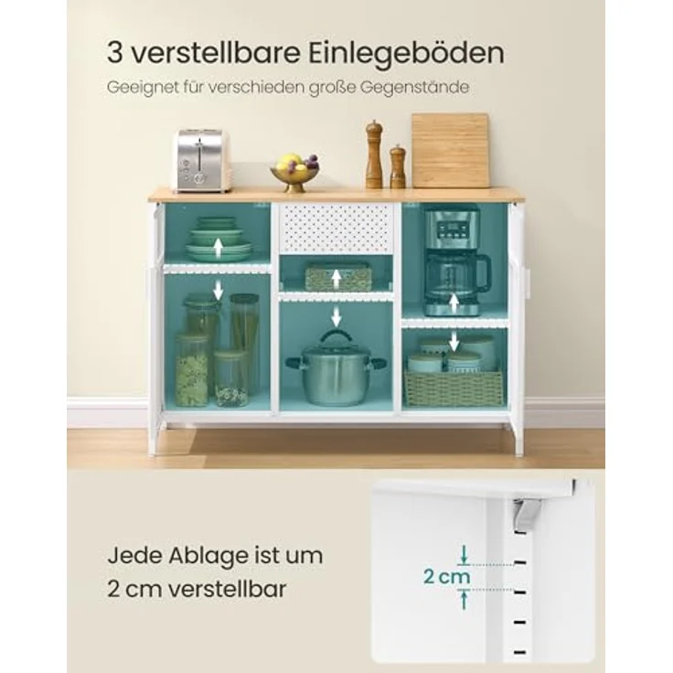 SONGMICS Aufbewahrungsschrank, Metallschrank, Schrank mit Doppeltür, Sideboard, Magnetverschluss, verstellbare Einlegeböden, Stahlgestell, mattweiß-eichenbeige LSC204WC01 – Bild 6